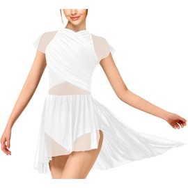 WYHDY Women Dance Dress Flutter Sleeve Mesh Skirted Leotard Lyrical Costume, Water-Drop Hollow Back(23706-07-S) White