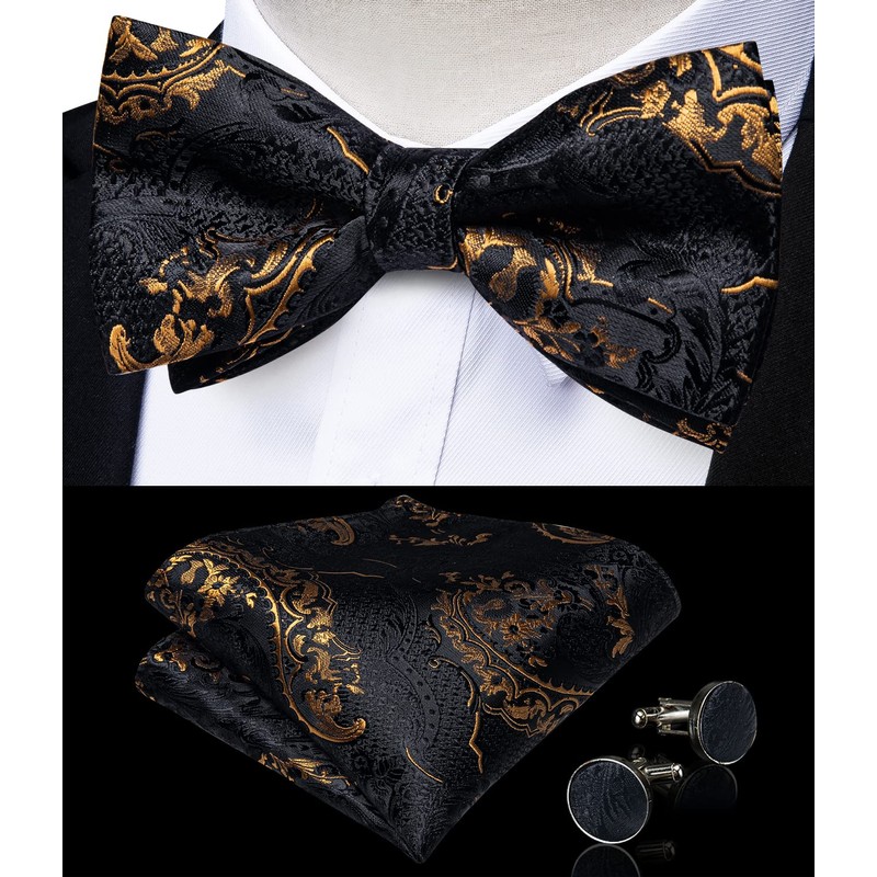 DiBanGu Mens Black and Gold Pretied Bow Ties Floral Bowtie