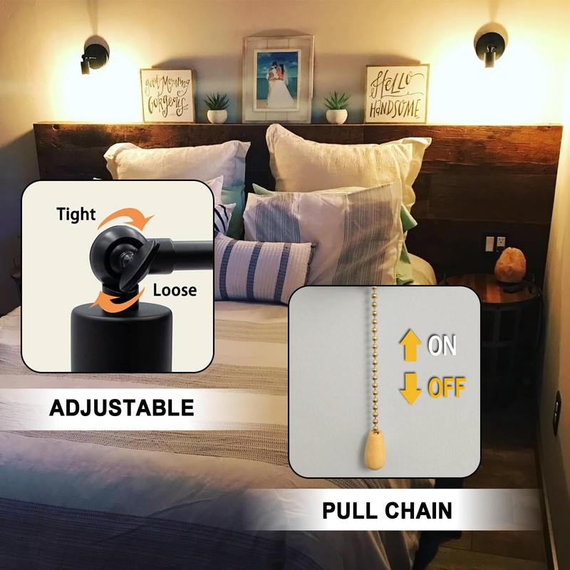 JZCDR 2-Pack Hardwired Pull Chain Wall Sconce, Black Wall Light