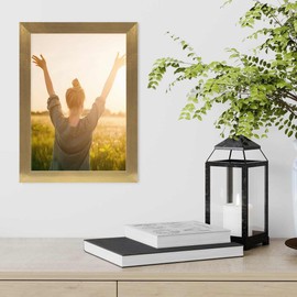 PHOTOLINI Picture Frame A4 Wood MDF Gold Wide DIN A4 Picture Frame 21 x 30 Gold Picture Frame 21 x 30 DIN A4 with Acrylic Glass Picture Frame for Hanging and Standing, Picture Frame 30 x 21 cm with