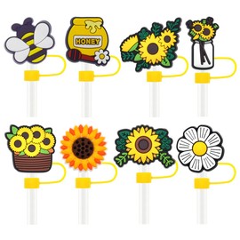 Silicone Straw Covers Cap for Stanley Cups,Tumblers 30oz 40oz, 0.4 Inch/10mm 8PCS Cute Flower Cup Accessories Reusable Drinking Straw Toppers Tips Lids (Yellow Bee Honey Sunflower)