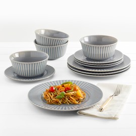 Tabletops Gallery Richmond 12-Piece Reactive Glaze Stoneware Dinnerware Set of Kitchen Dishes, Dinner Plates, Cereal Bowls, Service for 4, Gray