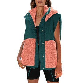 Nirovien Womens Oversized Quilted Vest Color Block Fleece Vest Button Down Padded Outwear Removeable Hooded with Pockets(Dark Green-Coral,M)