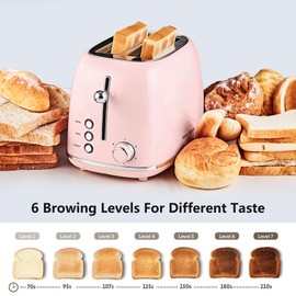 2 Slice Toaster Roter Mond Retro Stainless Steel Toaster with Bagel, Cancel, Defrost Function and 6 Bread Shade Settings Bread Toaster, Extra Wide Slot and Removable Crumb Tray, Pink