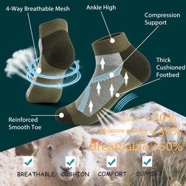WANDER Breathable Running Ankle Socks 3 Pairs Merino Wool Cushioned Compression Support Thermal Low Cut Athletic Socks
