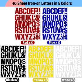 40 Sheets 1760 Pieces Iron on Letters for Clothes,1.6 Inch Heat Transfer Patches with A-Z Vinyl Letters Multi-Colors PU Alphabet Stickers for DIY Printing Craft Fabric T-Shirt Jersey (5-Colors)