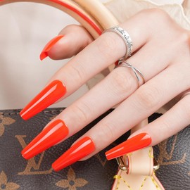 Red Coffin Christmas Press on Nails Long, Jofay Fashion Glossy Fake Nails, Comfortable & Reusable Acrylic False Nails with Glue, Solid Color Stick on Nails for Women Girls Gift, Gel Nail Kit, 24pcs