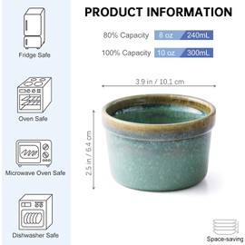 Ramekins 8 oz Oven Safe for Creme Brulee, Souffle Dishes - Ceramic Baking Bowls Set of 4 for Pudding Cups, Custard, Ice Cream, Dips and Appetizers - Light Green