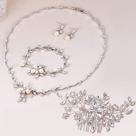 EVER FAITH Zircon Simulated Pearl Flower Leaf Filigree Necklace Earrings Bracelet Set Clear, Pearl Cubic Zirconia Pearl, Cubic Zirconia