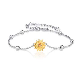 Sunflower Bracelets for Girls 925 Sterling Silver Gold-Plated Sunflower Link Bracelet Gifts for Women, Silver