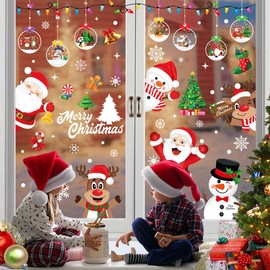 AMLOOPH Christmas Window Stickers, 10 Sheets Santa Claus Xmas Window Stickers Christmas Decorations, Reusable Snowflake Window Stickers Christmas Scene Clings for Christmas Window Decorations Indoor
