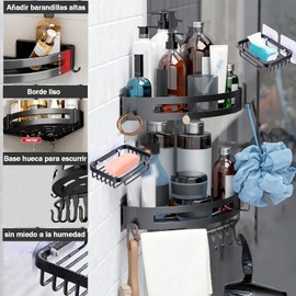 Estanteria Ducha Sin Taladros Negra Estantería Baño Esquina 2 Piezas, Cesta Baño Ducha Adhesiva Aluminio Estante Triangular de Ducha Organizador de Ducha para Baño y Cocina con Ganchos, 2*Jaboneras