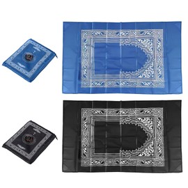 2 Pieces Travel Prayer Mat Rug, Pocket Travel Foldable Portable Waterproof Muslim Prayer Carpet with Compass Praying Rug for Ramadan Gifts, 60 x 100cm Prayer Rug (Black,Blue)