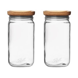 Ball Stack & Store Glass Mason Jars with Wooden Lid, Used for Pantry, Cookies, Flour, Cereal, Rice, Sugar, Tea, Coffee Beans, Spices, Square, 9.9-Cup (Pack of 2)