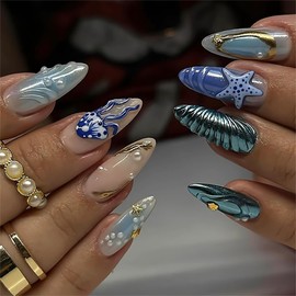 Blue Almond Press on Nails Medium Fake Nails 3D Ocean Glue on Nails with Charms Swirl Design Acrylic False Nails Flower Artificial Nails Stick on Nails for Women Manicure 24Pcs