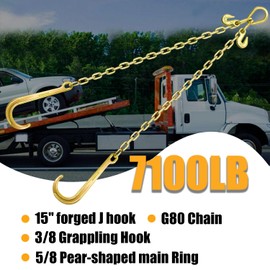 FITHOIST Grade 80 Chain V-Bridle | 3/8In x 2Ft Towing Chains Bridle with J Hooks and Grab Hooks | Transport Chain with 7,100LBS Safe Working Load | for Flatbed Truck Rollback Wrecker Carrier