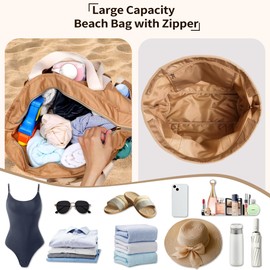 Mabecol Large Women's Beach Bag with Zip, Lightweight Swimming Bag with Net for Family, Spacious Beach Bag for Travel & Swimming Pool, brown