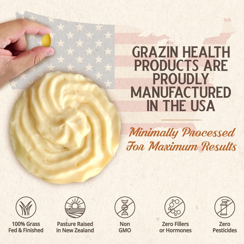 GRAZIN HEALTH Grass-Fed Beef Tallow Capsules – 3000 mg Per