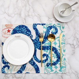 Ocean Animals Waterproof Linen Placemats Set of 4 Marine Organism Sea Horse Turtle Shell Octopus Table Mats for Dining Table 42x32cm
