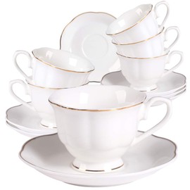 Guangyang 12 pieces Fine Porcelain 2.5oz Cups and Saucers set of 6 Turkish Coffee Cup set for Double Espresso White Color with Gold Trim