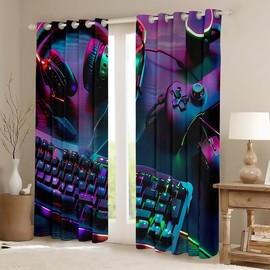 Video Games Kids Window Curtain,Gaming Gamer Curtains Boys Teens Men Home Room Decor,Headset Keyboard Neon Style Window Treatment Curtain,Games Controller Black Window Drapes,2 Panels,42Wx63L