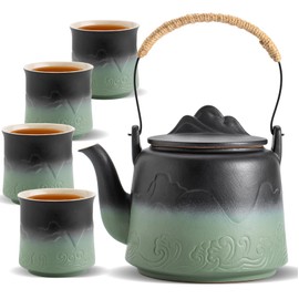 ZENS Vintage Japanese Tea Set with 4 Tea Cups, 33.8 oz Embossed Ceramic Loose Leaf Teapot with Built-in Strainers for Tea Steeper, Hemp Rope Handle Gradient Japanese Tea Pot for Tea Lovers Gifts