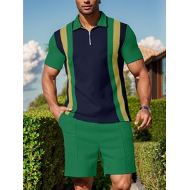 UOUA Mens Short Sets 2 Piece Summer Casual Outfits Polo Short Sleeve Shirts & Shorts Track Suit Jogging Sweatsuit Loungewear Navy Blue Stripe Green 2XL