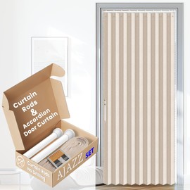 AJAZZ Set: Curtain Rods No Drilling (38-53" W Adjustable Range) & Accordion Door Curtain, Beige 53W×78" L, Accordion Doors for Closet Doorway Room Divider