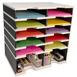 Desktop Organizer 10 Letter Tray Sorter Plus Riser Storage Base for Easy Access to Lower Slots, Desk Accessories & Supplies. Optional File Topper & Drawers