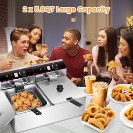 COSTWAY Commercial Deep Fryer, 5000W Electric Countertop Fryer with Dual Large Tanks, 2 Baskets & 2 Lids, Stainless Steel Hot Oil Cooker with Adjustable Temp for French Fries, Chicken, Shrimp & Chip