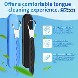 2-Pack Colorful Tongue Scraper for Adults with Travel Case, Stainless Steel, Metal Tongue Brush for Bad Breath, Oral Hygiene Tool, Easy to Use & Portable