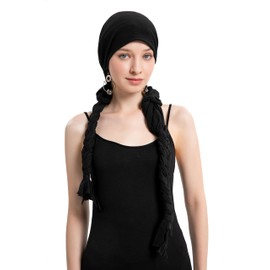 ZLYC Women's Chemo Turban Hat Headwraps Lightweight Beanie Hat, Braid solid black