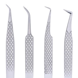 M LASH Set Of 4 Diamond Grip Eyelash Extensions Tweezers - Japanese Steel Lash Supply (Silver)