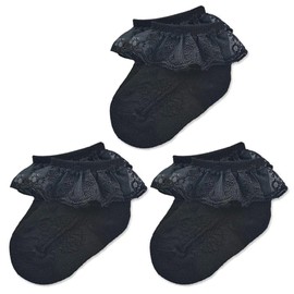 Mini angel Baby Lace Socks Newborn Girls Eyelet Lace Ruffle Frilly Ankle Socks Soft Cotton Dress Socks with Box Gift Set,3 Pairs,Black,0-3 Months