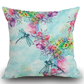 Swono Watercolor Flowers Dragonfly Farmhouse Pillow Cover Cotton Linen Decorative Square Throw Pillow Cover 18x18 Inch for Sofa Couch Decoration