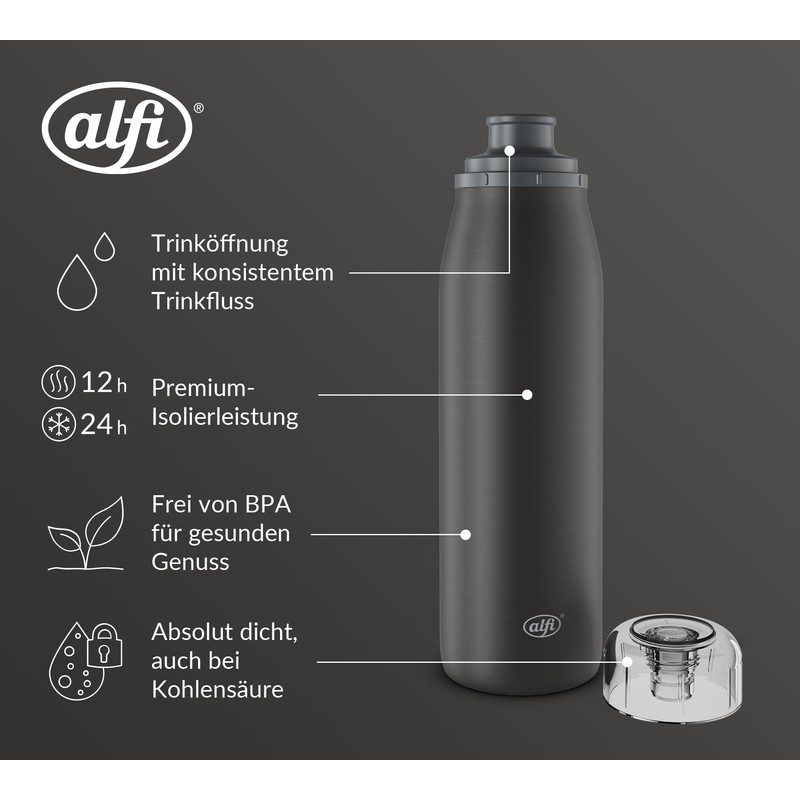 alfi ISO Bottle 500 ml, Black, Insulated Stainless Steel Drinking