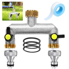 SI SEN Garden Tap Splitter 2 Way, Garden Hose Splitter 2 Way 3/4 Inch, Garden Hose Splitter with Ball Valve, for Simultaneous Connection of Two Devices