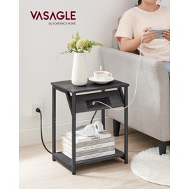 VASAGLE End Table with Charging Station, Set of 2, Small Side Tables for Living Room, Bedroom, Nightstand with Outlets and USB Ports, Bedside Table with Storage Shelf, Misty Gray and Black