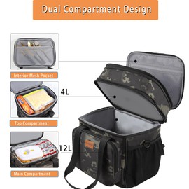 Expandable Large Lunch Bag, Insulated Heavy Duty Lunch Box Leakproof Durable Cooler Bag for Men Women Adults Work Construction Outing Camping Trip, 16L, Black-Camo, GLENKEY