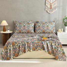 Farying 100% Egyptian Cotton Floral Printed Bed Sheets Queen Size,Luxury Silky Feel Texture Paisley Botanical Pattern Sheets Vintage Vivid Greenish Blue Flower Bedding Sheets 17.5" Deep Pockets 4PCs