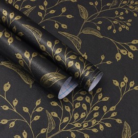 Heroad Brand Peel and Stick Wallpaper 393"x17.3" Black and Gold Wallpaper Boho Peel and Stick Wallpaper Floral Contact Paper Leaf Removable Wallpaper Self Adhesive for Cabinets Shelf Liner Vinyl Roll
