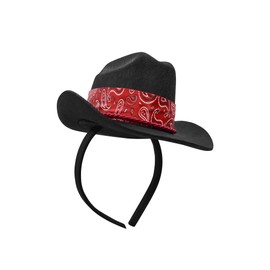 Nicky Bigs Novelties Adult Womens Mini Cowgirl Hat Headband - Small Black Cowboy Hat Fascinator - Red Paisley Bandana Trim Unisex Costume Accessory