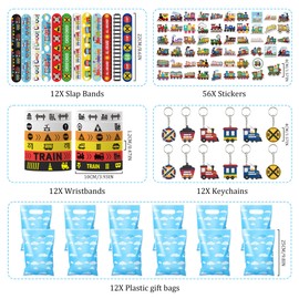 Runyuzi Train Party Bag Children's Birthday Party Bag - Train Theme Party Gifts with Snap Bracelet Key Ring, Train Sticker Bracelets and Gift Bags for Railway Birthday Boys Girls