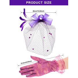 Boao Fascinator Hat for Women Feather Funeral Veil Hat Tea Party Derby Headband and short Floral Lace Gloves(Adult,Purple)