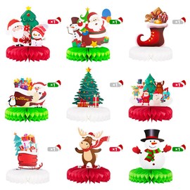 Haolongfa Christmas Honeycomb Centerpieces 9Pcs for Table Decorations,Honeycomb Xmas Party Table Decoration for Holiday Santa Reindeer Snowman Christmas Tree,Xmas Table Dinner Decor