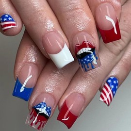 GGDECA Independence Day Square Press on Nails Medium Fake Nails 4th of July French Tip False Nails with Designs American Flag Nude Acrylic Glossy Glue on Nails for Woman 24Pcs