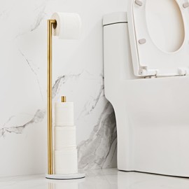 Marble Toilet Paper Holder Stand - Brushed Gold, Freestanding with Storage, Floor Stand, Gold Toilet Roll Holder, Standing Paper Towel Holder