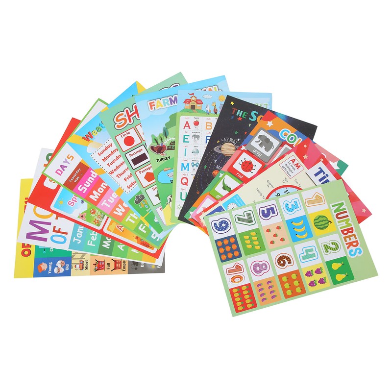 12PCS Educational Posters for Kids Cartoon Learning Poster Waterproof English