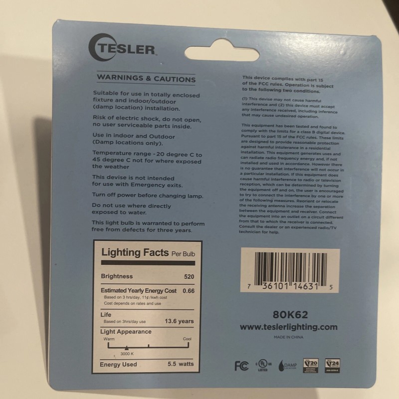 Watts Tesler Filament LED Light Bulbs E26 Base 60W 5.5W