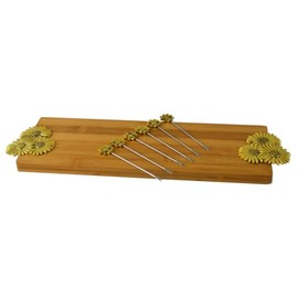 Bamboo Cheese Board Charcuterie Platter Set with 6 Sunflower Appetizer Fork Picks in Gold